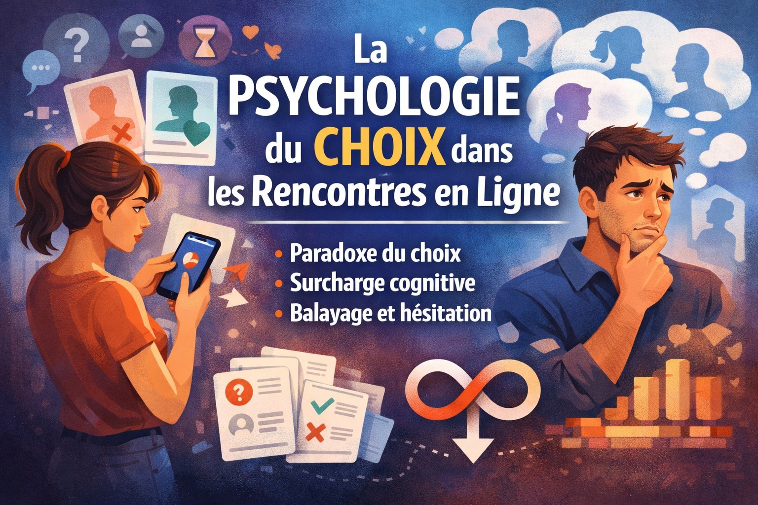 Illustration sur la psychologie du choix dans les rencontres en ligne : swipe, surcharge cognitive et paradoxe du choix